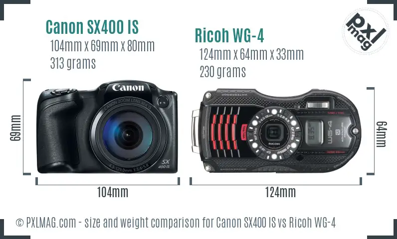 Canon SX400 IS vs Ricoh WG-4 size comparison