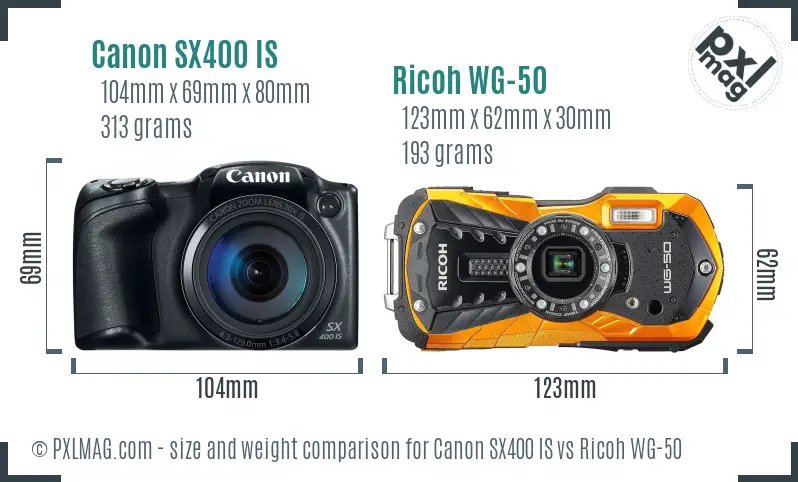 Canon SX400 IS vs Ricoh WG-50 size comparison