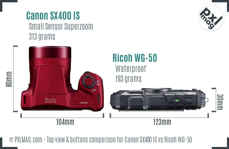 Canon SX400 IS vs Ricoh WG-50 top view buttons comparison