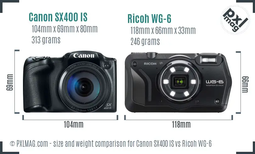 Canon SX400 IS vs Ricoh WG-6 size comparison