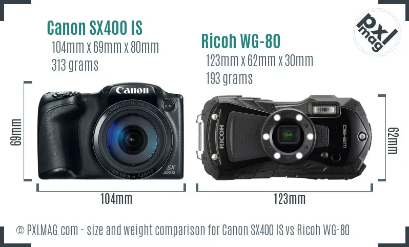 Canon SX400 IS vs Ricoh WG-80 size comparison