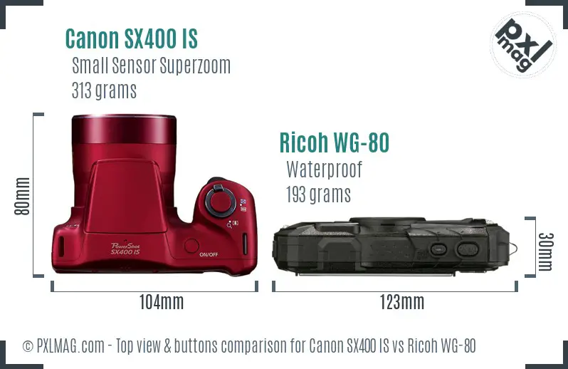 Canon SX400 IS vs Ricoh WG-80 top view buttons comparison