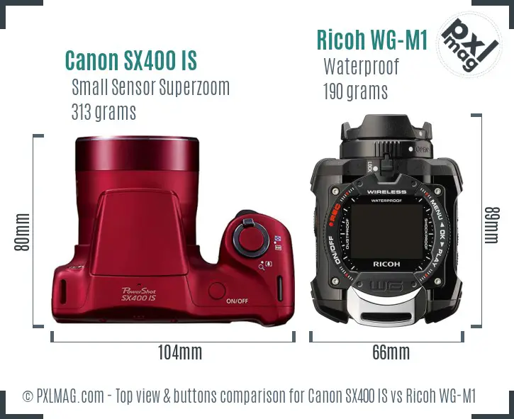Canon SX400 IS vs Ricoh WG-M1 top view buttons comparison
