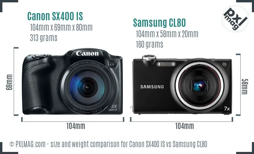 Canon SX400 IS vs Samsung CL80 size comparison