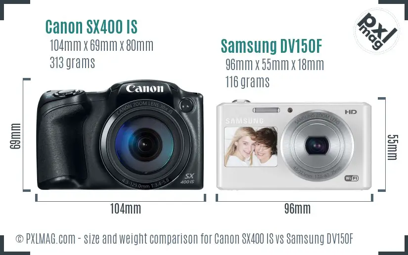 Canon SX400 IS vs Samsung DV150F size comparison
