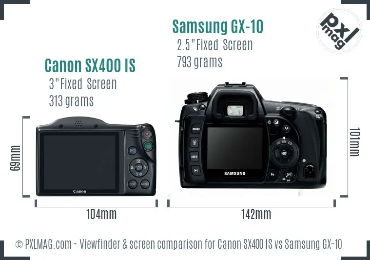 Canon SX400 IS vs Samsung GX-10 Screen and Viewfinder comparison