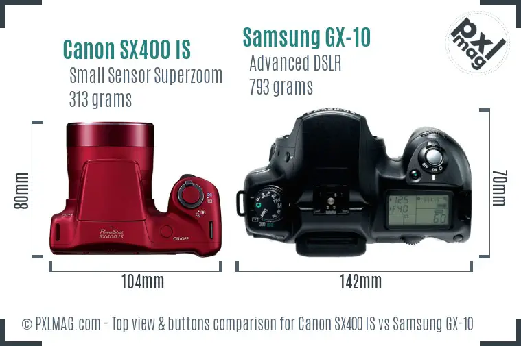 Canon SX400 IS vs Samsung GX-10 top view buttons comparison