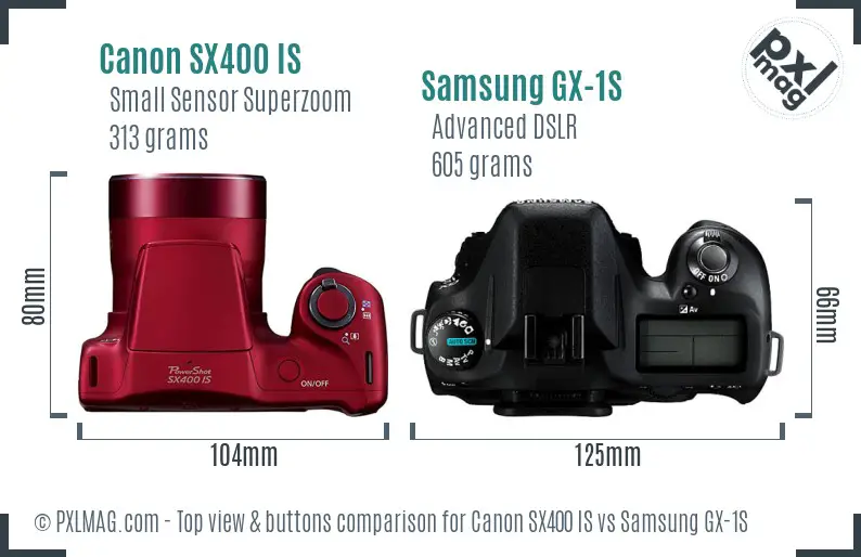 Canon SX400 IS vs Samsung GX-1S top view buttons comparison Canon SX400 IS vs Samsung GX-1S top view buttons comparison