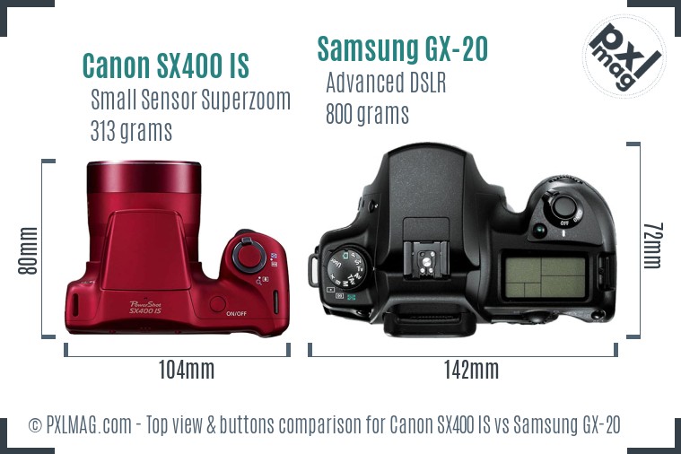 Canon SX400 IS vs Samsung GX-20 top view buttons comparison