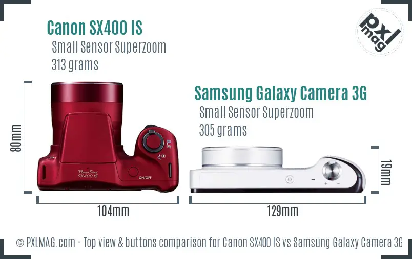 Canon SX400 IS vs Samsung Galaxy Camera 3G top view buttons comparison Canon SX400 IS vs Samsung Galaxy Camera 3G top view buttons comparison