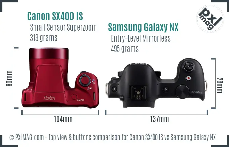 Canon SX400 IS vs Samsung Galaxy NX top view buttons comparison