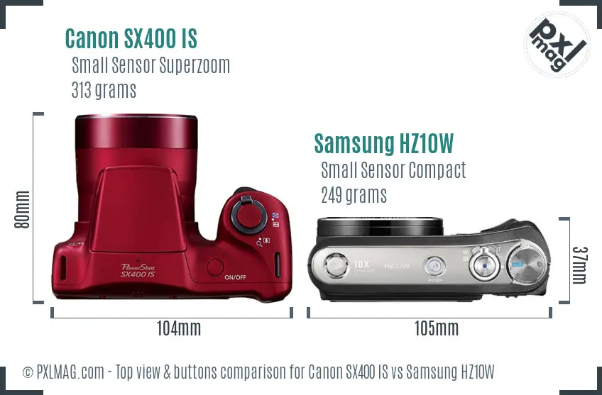 Canon SX400 IS vs Samsung HZ10W top view buttons comparison Canon SX400 IS vs Samsung HZ10W top view buttons comparison