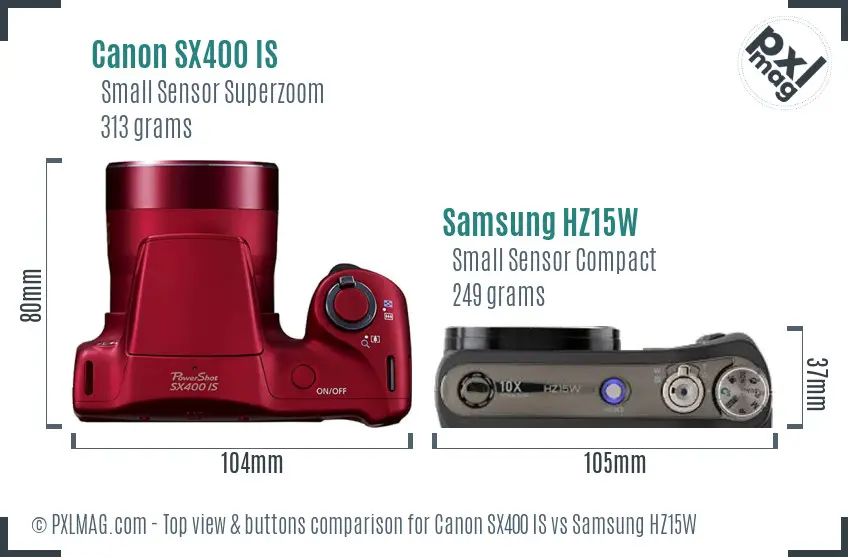 Canon SX400 IS vs Samsung HZ15W top view buttons comparison Canon SX400 IS vs Samsung HZ15W top view buttons comparison