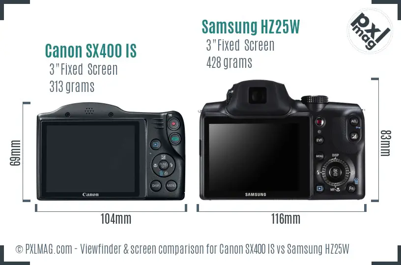 Canon SX400 IS vs Samsung HZ25W Screen and Viewfinder comparison