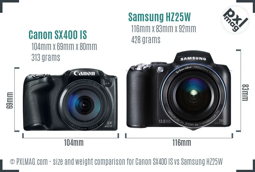 Canon SX400 IS vs Samsung HZ25W size comparison