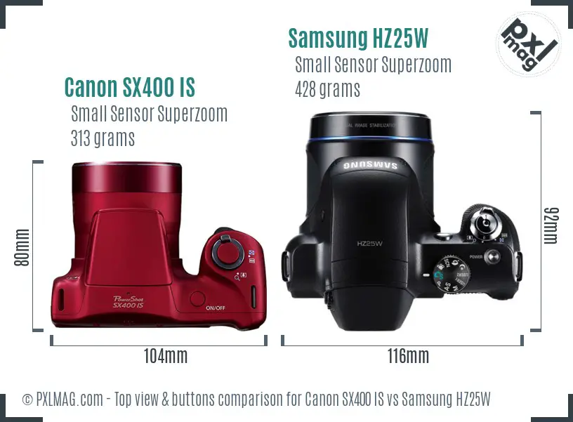 Canon SX400 IS vs Samsung HZ25W top view buttons comparison