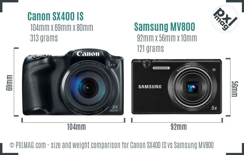 Canon SX400 IS vs Samsung MV800 size comparison