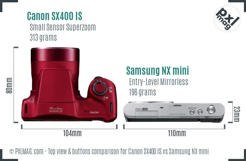 Canon SX400 IS vs Samsung NX mini top view buttons comparison