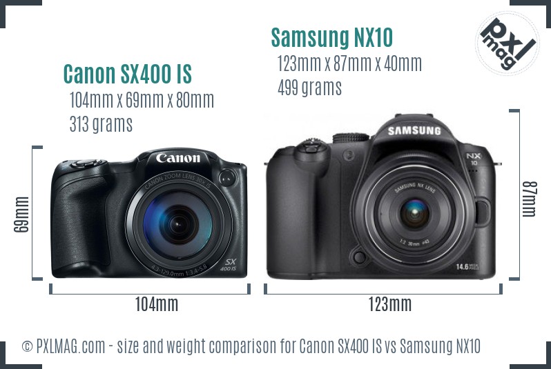 Canon SX400 IS vs Samsung NX10 size comparison