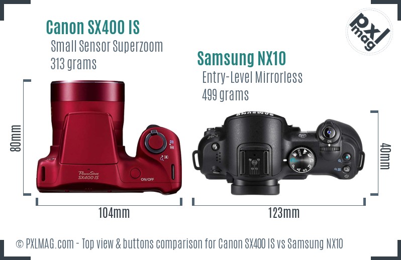 Canon SX400 IS vs Samsung NX10 top view buttons comparison
