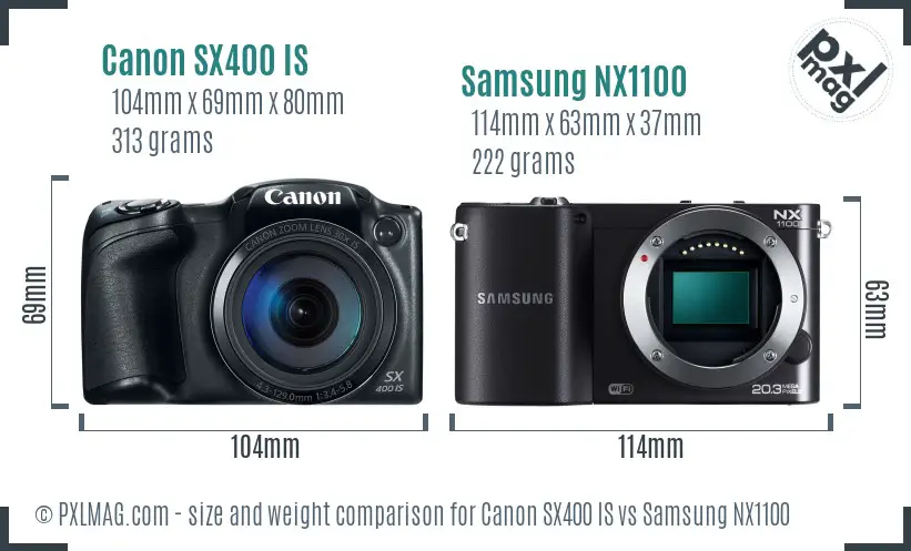 Canon SX400 IS vs Samsung NX1100 size comparison Canon SX400 IS vs Samsung NX1100 size comparison