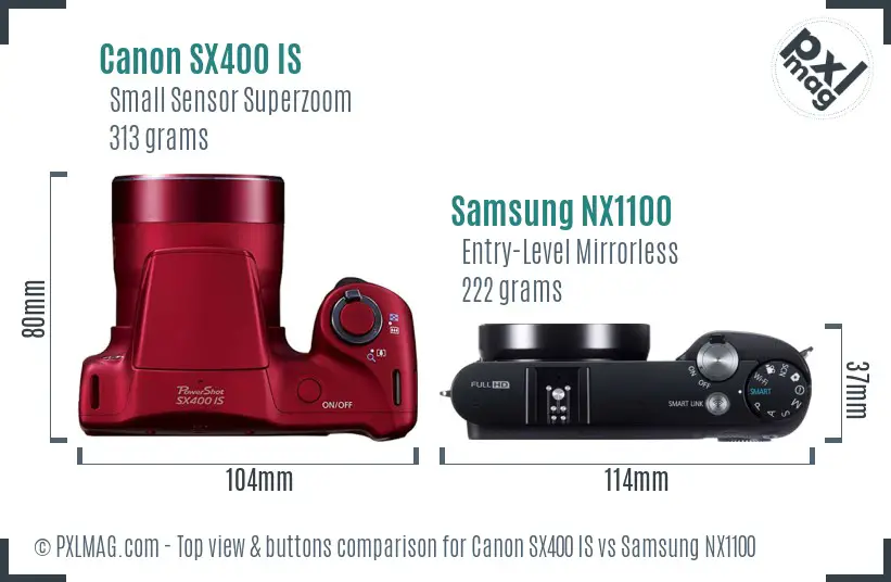 Canon SX400 IS vs Samsung NX1100 top view buttons comparison Canon SX400 IS vs Samsung NX1100 top view buttons comparison