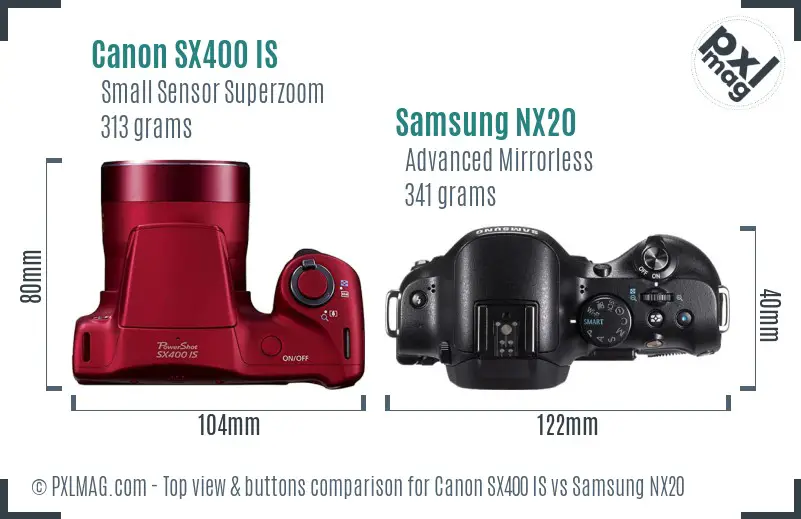 Canon SX400 IS vs Samsung NX20 top view buttons comparison Canon SX400 IS vs Samsung NX20 top view buttons comparison