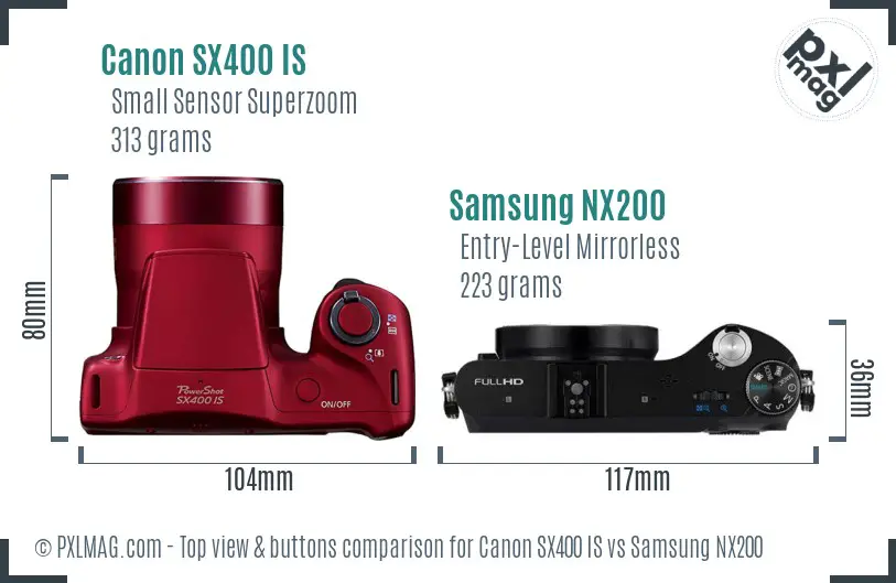 Canon SX400 IS vs Samsung NX200 top view buttons comparison