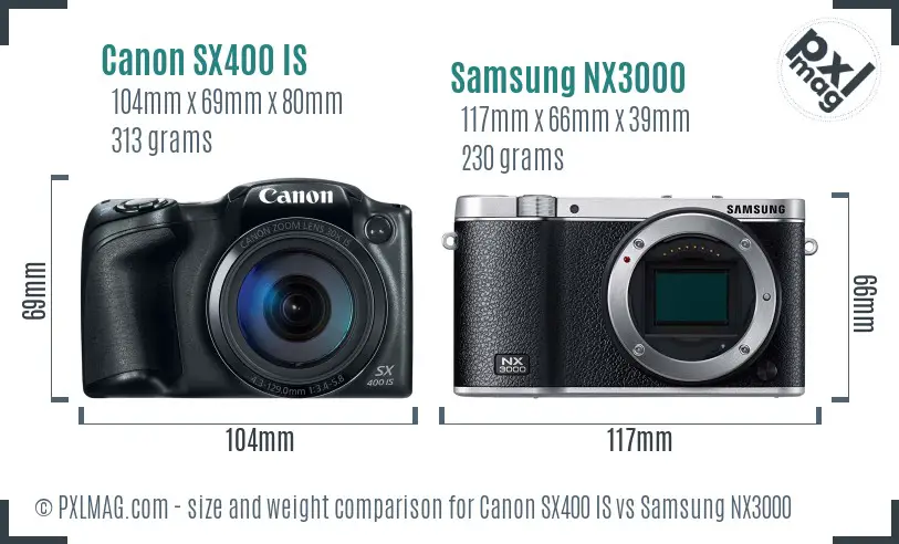 Canon SX400 IS vs Samsung NX3000 size comparison