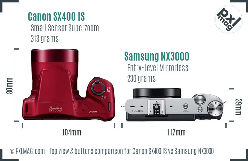 Canon SX400 IS vs Samsung NX3000 top view buttons comparison