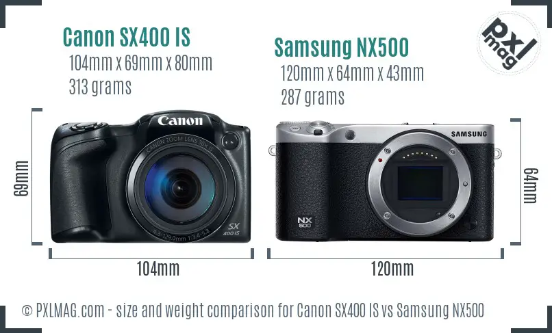 Canon SX400 IS vs Samsung NX500 size comparison