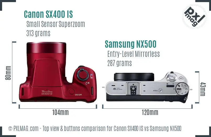 Canon SX400 IS vs Samsung NX500 top view buttons comparison