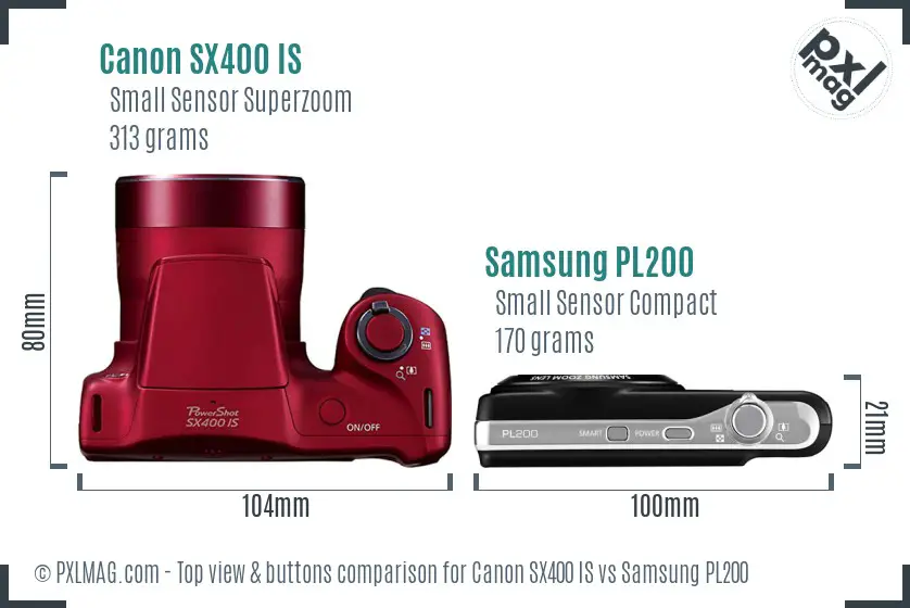 Canon SX400 IS vs Samsung PL200 top view buttons comparison