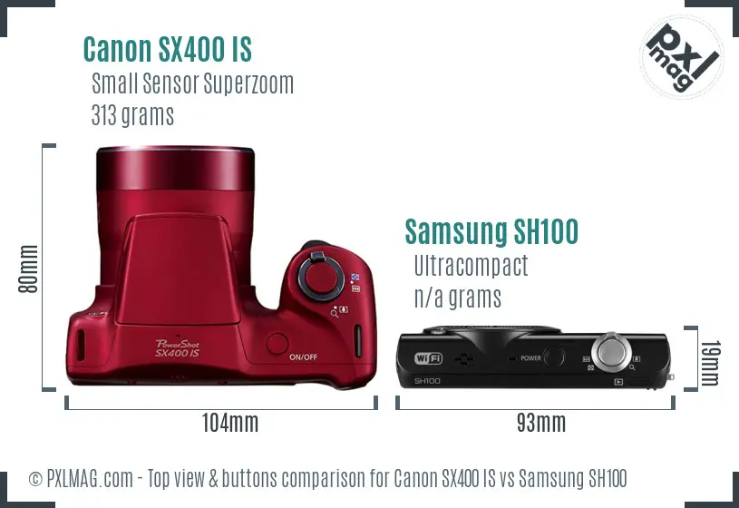 Canon SX400 IS vs Samsung SH100 top view buttons comparison