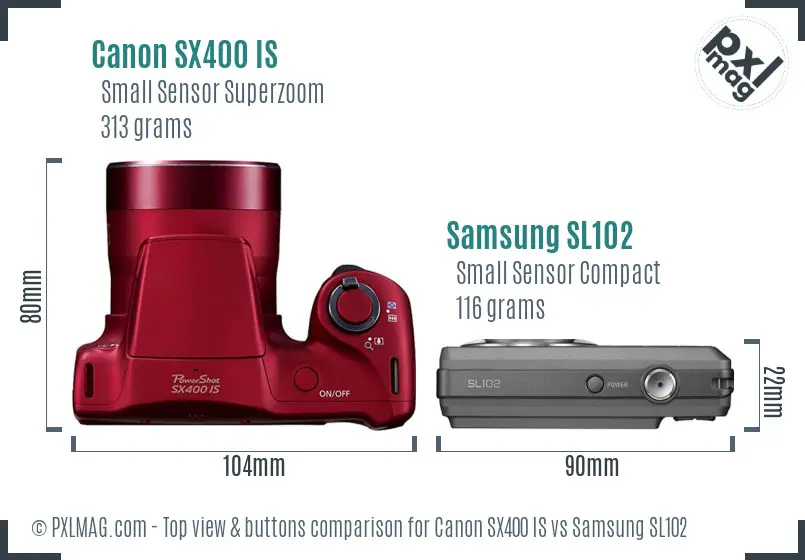 Canon SX400 IS vs Samsung SL102 top view buttons comparison