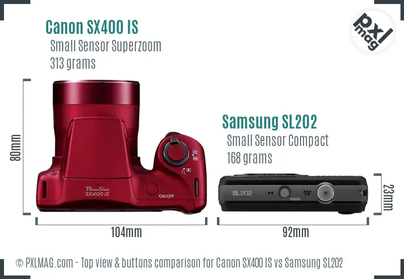 Canon SX400 IS vs Samsung SL202 top view buttons comparison