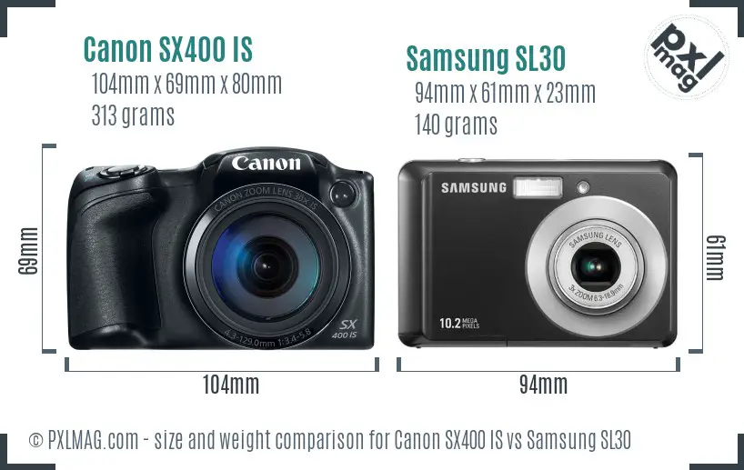 Canon SX400 IS vs Samsung SL30 size comparison