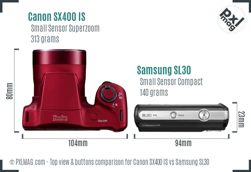 Canon SX400 IS vs Samsung SL30 top view buttons comparison