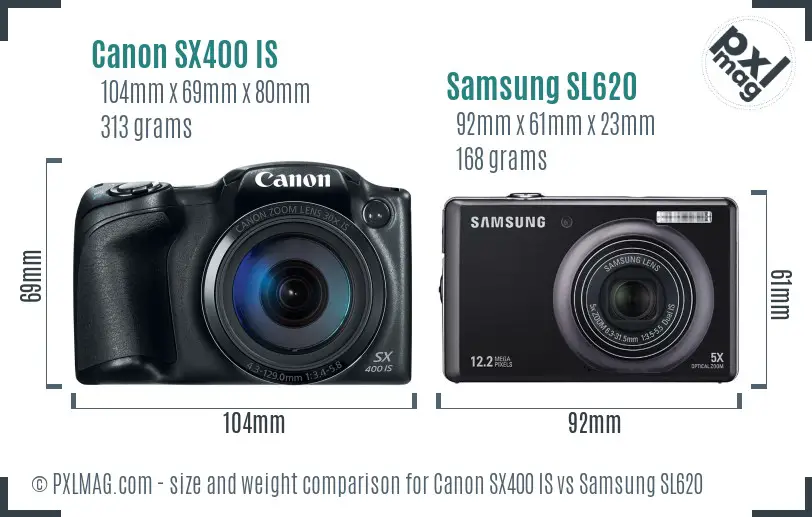 Canon SX400 IS vs Samsung SL620 size comparison