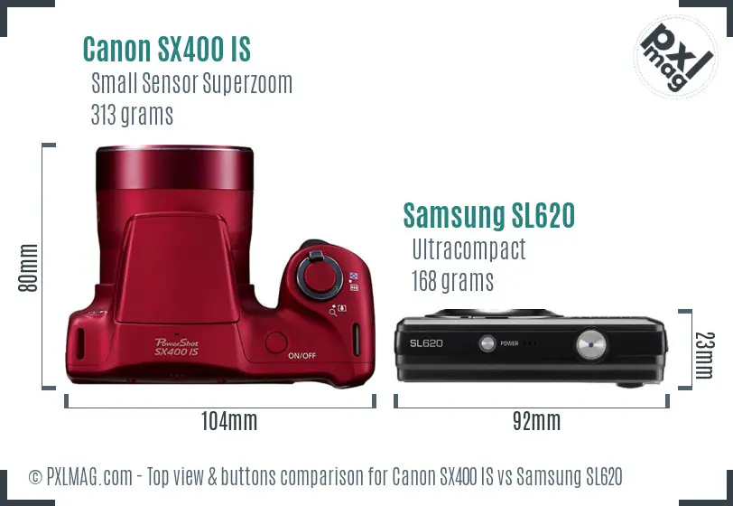 Canon SX400 IS vs Samsung SL620 top view buttons comparison
