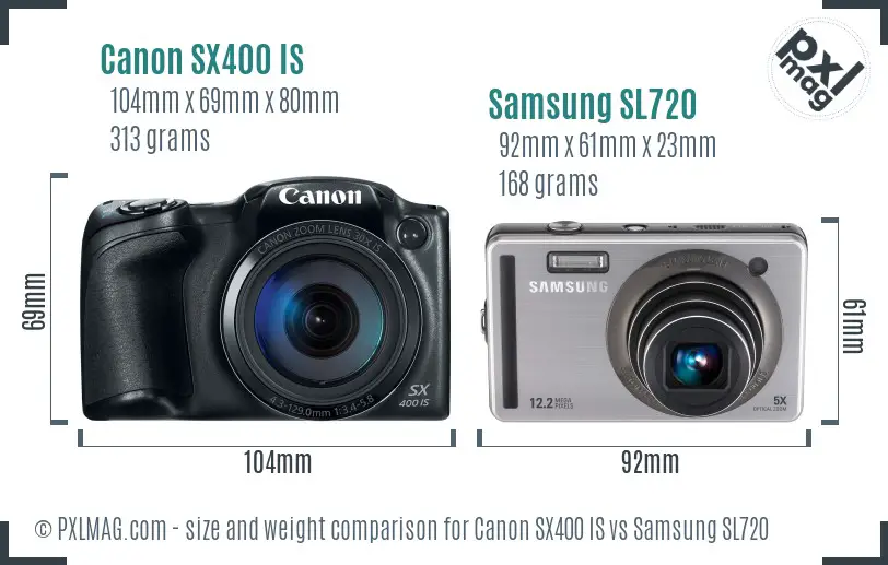 Canon SX400 IS vs Samsung SL720 size comparison