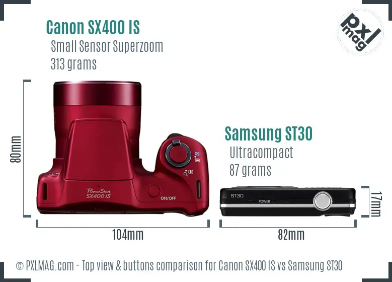 Canon SX400 IS vs Samsung ST30 top view buttons comparison