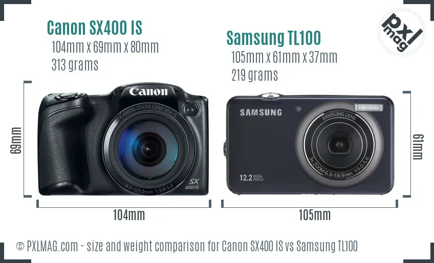 Canon SX400 IS vs Samsung TL100 size comparison