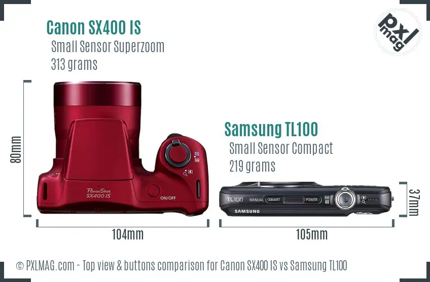 Canon SX400 IS vs Samsung TL100 top view buttons comparison