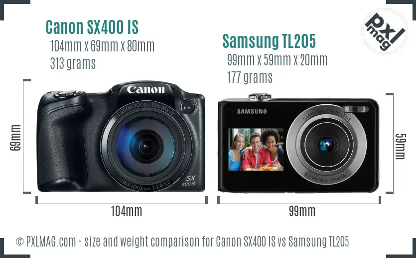 Canon SX400 IS vs Samsung TL205 size comparison