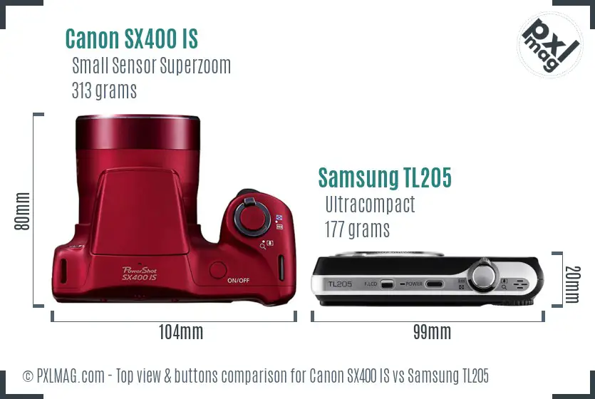 Canon SX400 IS vs Samsung TL205 top view buttons comparison