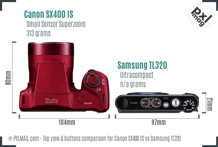 Canon SX400 IS vs Samsung TL320 top view buttons comparison