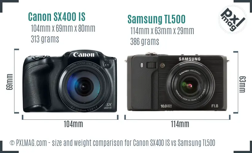 Canon SX400 IS vs Samsung TL500 size comparison