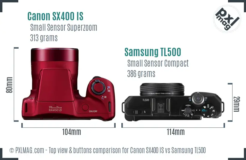 Canon SX400 IS vs Samsung TL500 top view buttons comparison