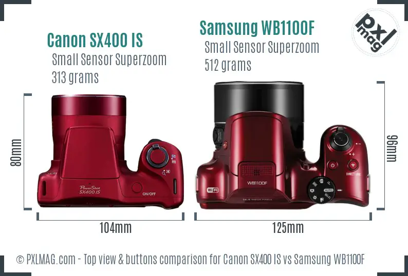 Canon SX400 IS vs Samsung WB1100F top view buttons comparison